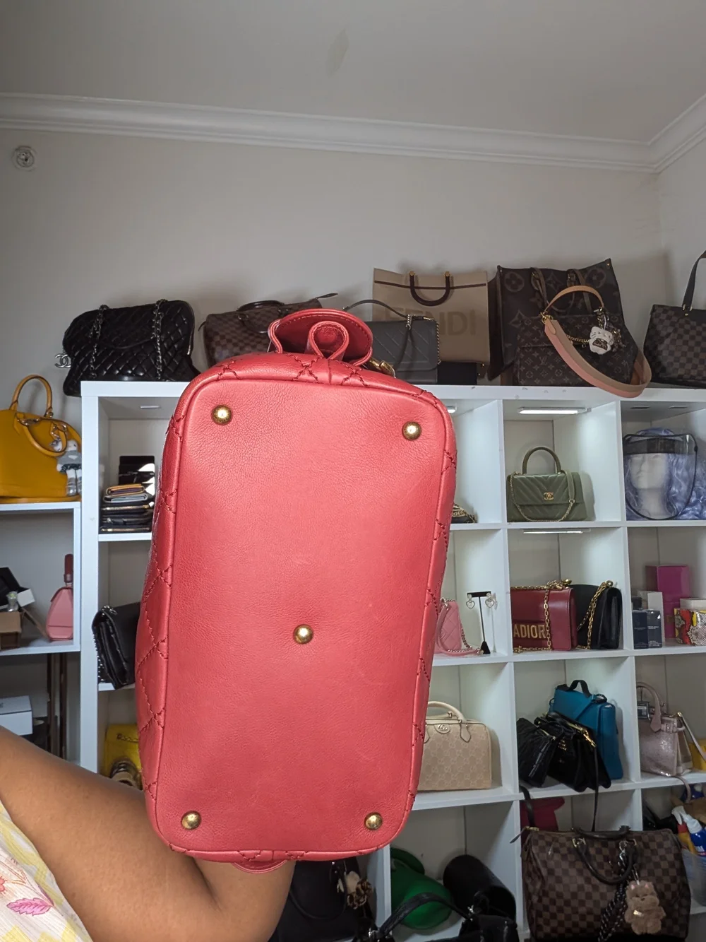 Chanel CC 2 way top handle Quilted Red Shoulder Handbag with bronze Chain